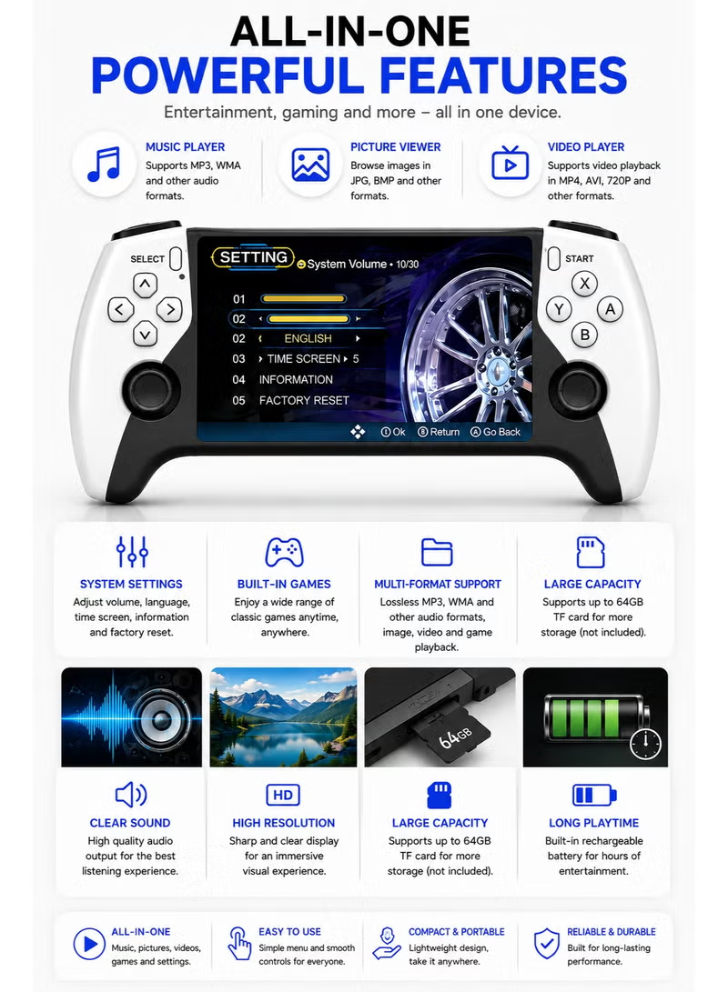 SF3500 PRO Portable Retro Game Console – 5-Inch IPS HD, 64GB & Dual Wireless Controllers